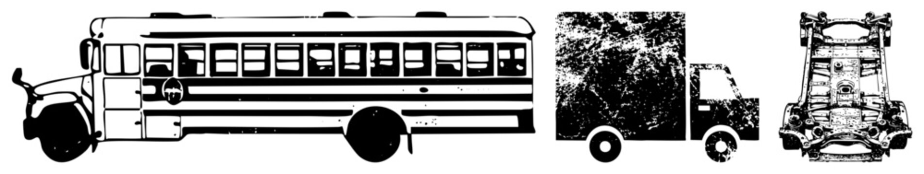 Bold yellow school bus (skoolie/busby) with gritty halftone, stripped frame & wheels showcasing mechanical guts ideal for edgy edu/transport branding.