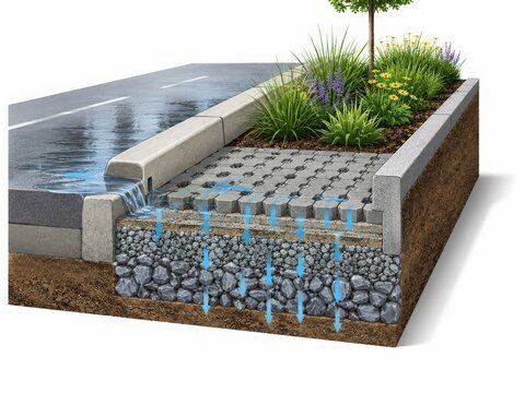 Permeable Walkway with Planted Bioretention Bed and Underground Drainage Layers