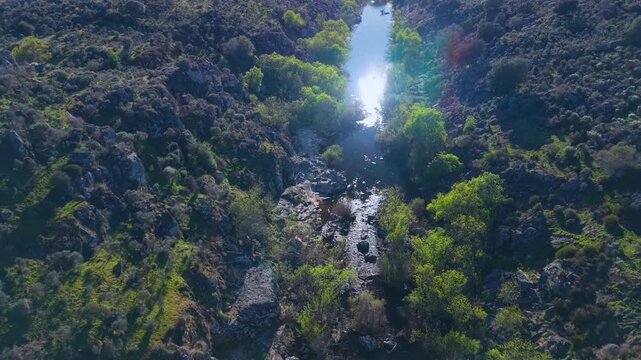 Aerial drone view of the spring landscape of the Huebra River. Yecla de Yeltes. Province of Salamanca. Castile and Le&oacute;n. Spain. Europe