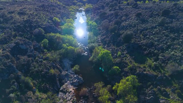 Aerial drone view of the spring landscape of the Huebra River. Yecla de Yeltes. Province of Salamanca. Castile and Le&oacute;n. Spain. Europe