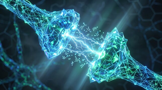 Synthetic neural network firing with glowing blue connections and sparks on a dark background with hexagonal patterns