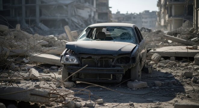 Destroyed Car Amidst Rubble of WarTorn City Buildings.
