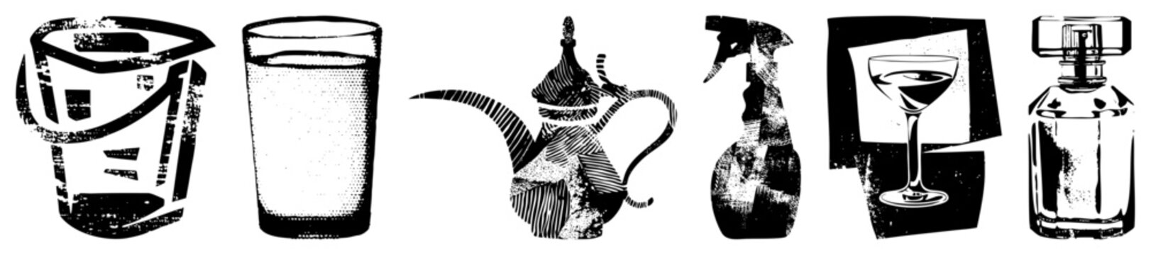 Gritty halftone set of everyday items pail, glass, teapot, spray bottle, cocktail glass, perfume atomizer (aka splash can/spritz). Weathered silhouettes with vintage charm, ideal for retro branding or