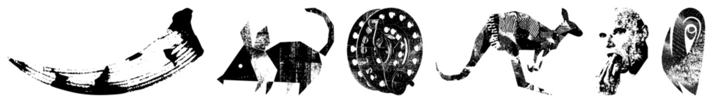 Bold, high contrast (banana, cat, wheel, kangaroo, face, abstract) in graffiti/vintage print style. Urban edge, raw texture, punchy silhouettes. Slang &ldquo;skid lid&rdquo; or &ldquo;brain bucket&rdquo; for helmet vi