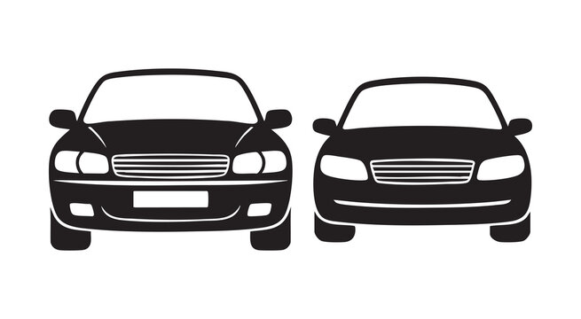 Modern black front view car vector illustrations for automobile industry and transportation projects.