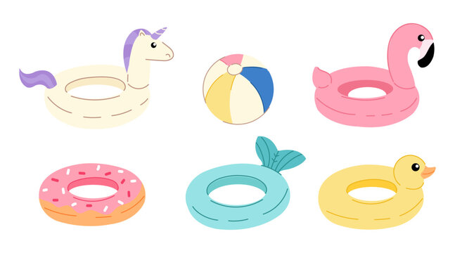 A set with cute inflatable pool floats. Fun summer swimming ring in shape of a unicorn, duck, flamingo, donut and fish. Isolated on white