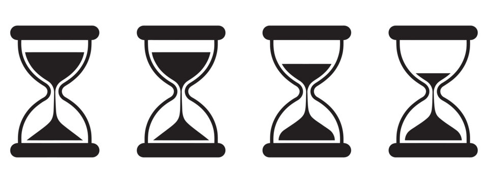 Hourglass Set, four hourglasses with varying sand levels vector illustration for time management deadline urgency and workflow concept design