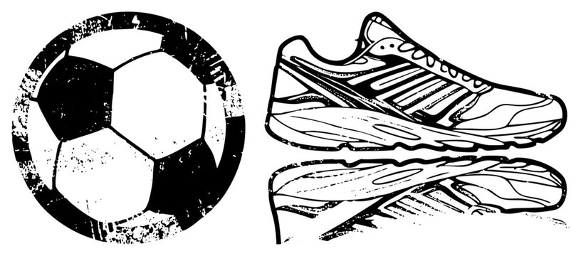 Gritty stencil art of a weathered football and cleats, evoking street pitch vibes. Rough cut hexagons and tread recall bootleg zines or vintage posters ideal for gearheads and pitch.