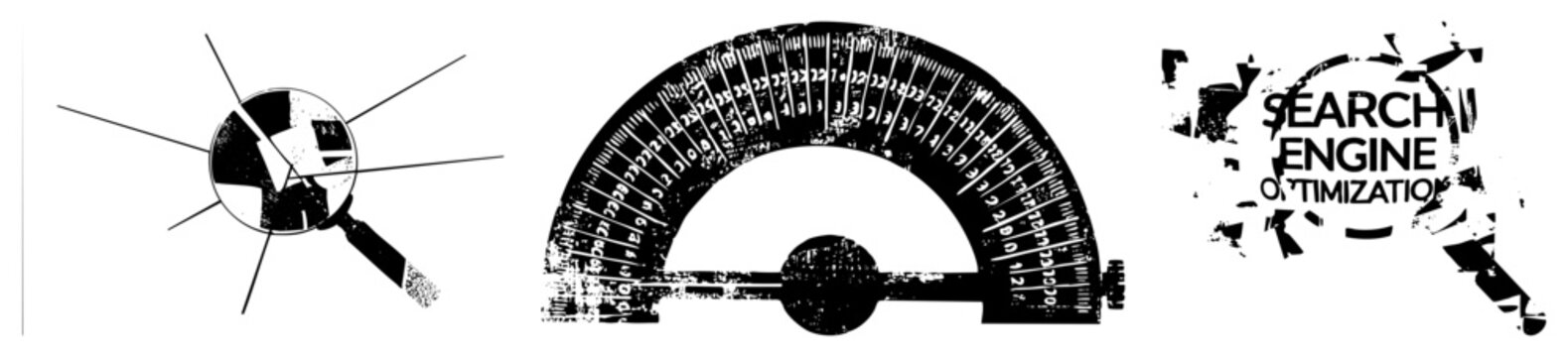 SEO gear as gritty vector magnifying glass, protractor, broken lens. Web whisperer or digital compass, cutting noise like a tech shaman&rsquo;s toolkit.