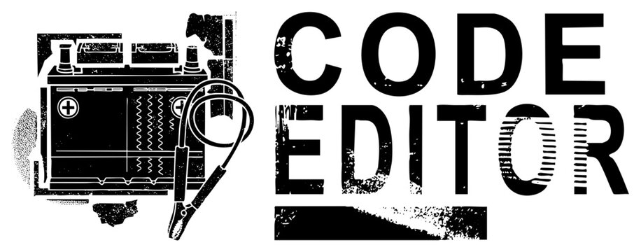 Gritty code editor emblem with car battery & jumper &ldquo;brain bucket&rdquo; slang. Halftone texture, bold stencil font rebellious tech vibe for hackers, makers, garage coders.