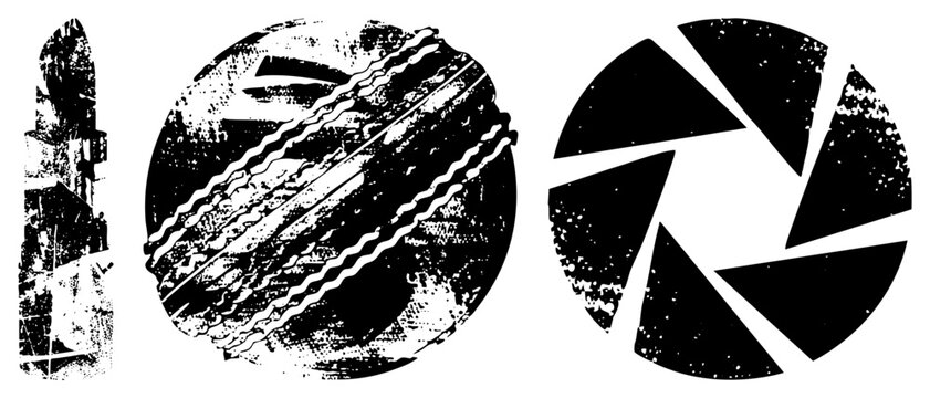 Gritty B&W set with shutter blades, film reels, street snap &ldquo;lens cap&rdquo; or &ldquo;shutterbug gear&rdquo; for. Raw halftone textures evoke vintage darkroom vibes, ideal for edgy branding/apparel.