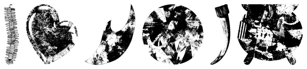 Obraz premium Rugged skull in halftone grit, death’s head motifs with punk edge “dead man’s grin,” “bone daddy” for tattoo shops, rock bands. Cutout glyphs scream rebellion via ink splatter, vintage decay.