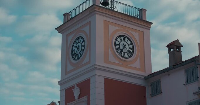 Clock tower on Marshal Tito Square in Rovinj, Istria, Croatia during the morning.