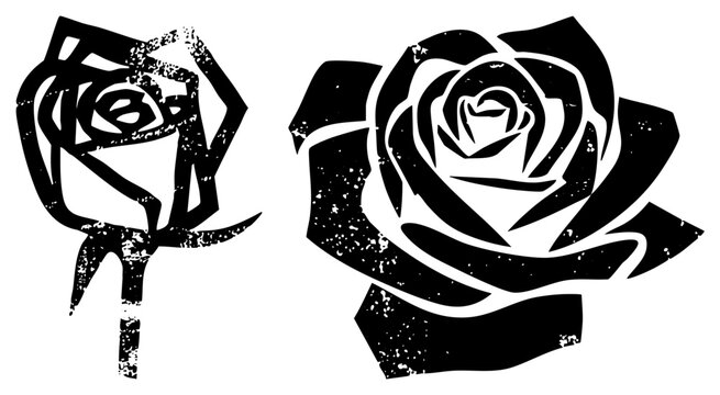 Bold black rose in distressed stencil style love bloom, beauty. Ideal for tattoo flash or streetwear. Folk names &ldquo;heart flower,&rdquo; &ldquo; kiss.&rdquo; Transparent bg for easy layering.