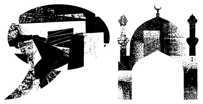 Bold black and white graphic of a mosque with dome and minaret in gritty halftone. Called masjid/mescid locally, it merges sacred architecture with urban stencil style ideal for branding or posters wh
