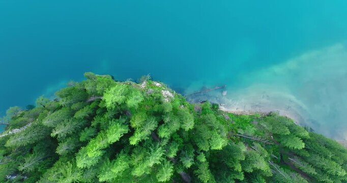 Lake Braies and a forest seen from above, Dolomites, Italy