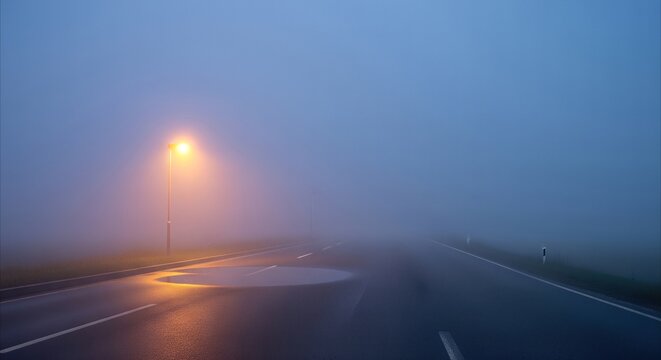 Eerie Foggy Road at Dawn with Street Lamp Light, Mysterious Atmosphere for Travel or Ambition