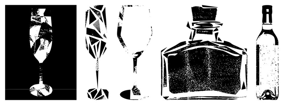 Rugged halftone wine bottle & stemware in gritty stencil style ideal for tavern signs, bar menus, cocktail branding. Silhouettes evoke vintage cellar vibes with raw texture, high contrast edges.