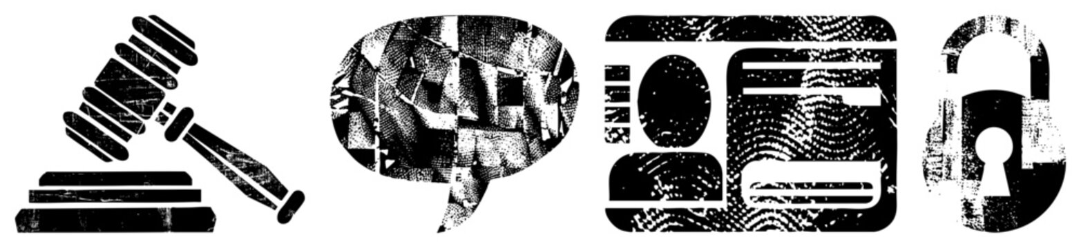 Gavel, speech bubble, fingerprint card, padlock gritty halftone. Symbols of law,, secrecy. Ideal for legal branding or courtroom decor.