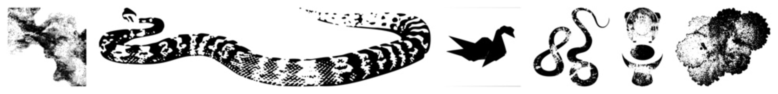 Slithering serpent in flat glyph style, nicknamed hisser or critter. look with bold black and white contrast ideal for tattoos, logos, or spooky branding.