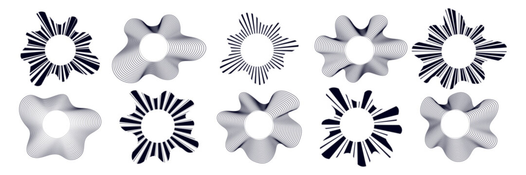 Set of echo pattern with shockwave and radiate wave. Circular radial round concentric rings. Sonic pulse texture with energy explosion and vibration.