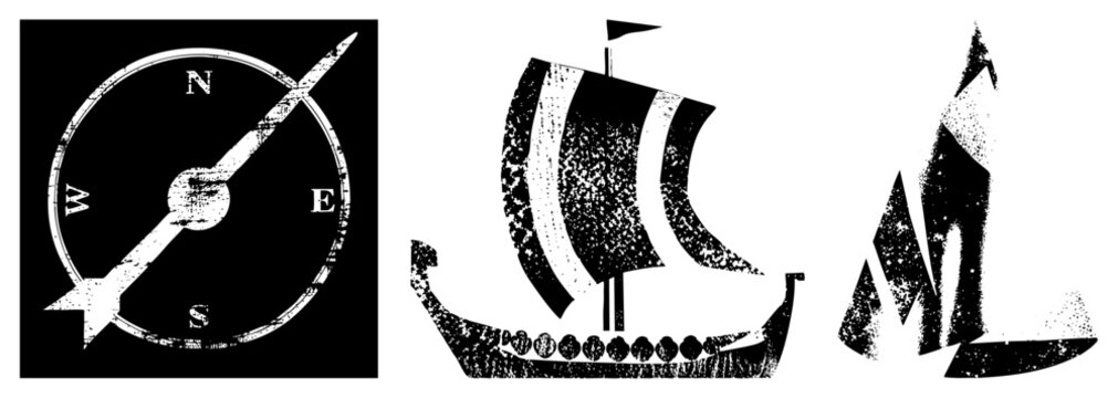 Gritty halftone compass rose points true north beside two stylized sailboats a galleon and jolly boat evoking salty voyages and old world navigation. Ideal for logos, posters, or coastal decor w