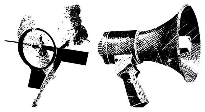 Gritty halftone megaphone spotlight, raw texture, punk vibe. Perfect for protest art, street campaigns, bold branding with loud, noisy visuals.