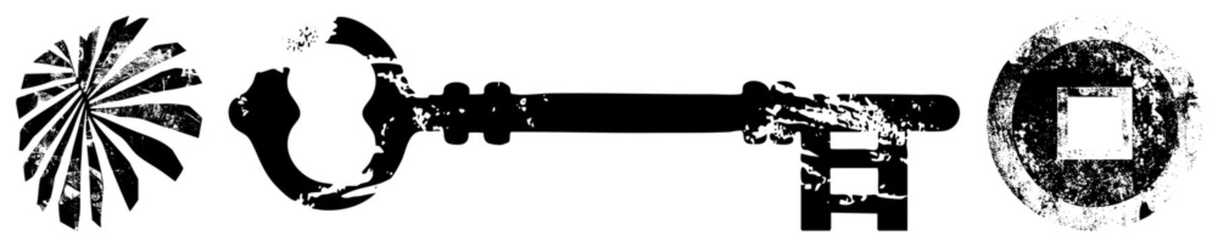 Weathered skeleton key also known as a passkey or master key rests between a rotary lock wheel and an ancient coin emblem. Its gritty, worn texture evokes mystery, security, and old world charm, ide