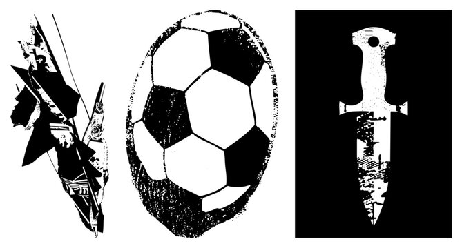 Weathered football graphic with halftone/stencil effects, rugged edges, ideal for streetwear, team merch, or bold branding/posters. Pitch hero shows game worn battle.