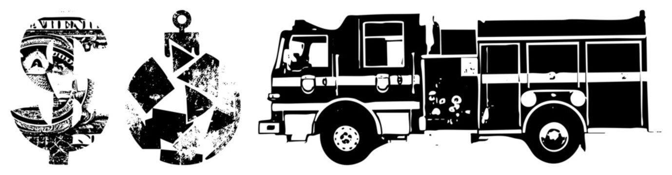 Fire engine (pumper/hook & ladder) beside stylized emblems. Gritty stencils, high contrast silhouettes bold branding or streetwear ready. Evokes emergency response with vintage punk edge.