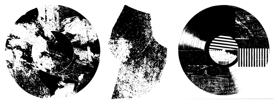 Ripped vinyl, scratchy LPs, broken records in gritty halftone ideal for retro music branding or indie posters. Distressed grooves evoke analog nostalgia with raw texture and vintage flair.