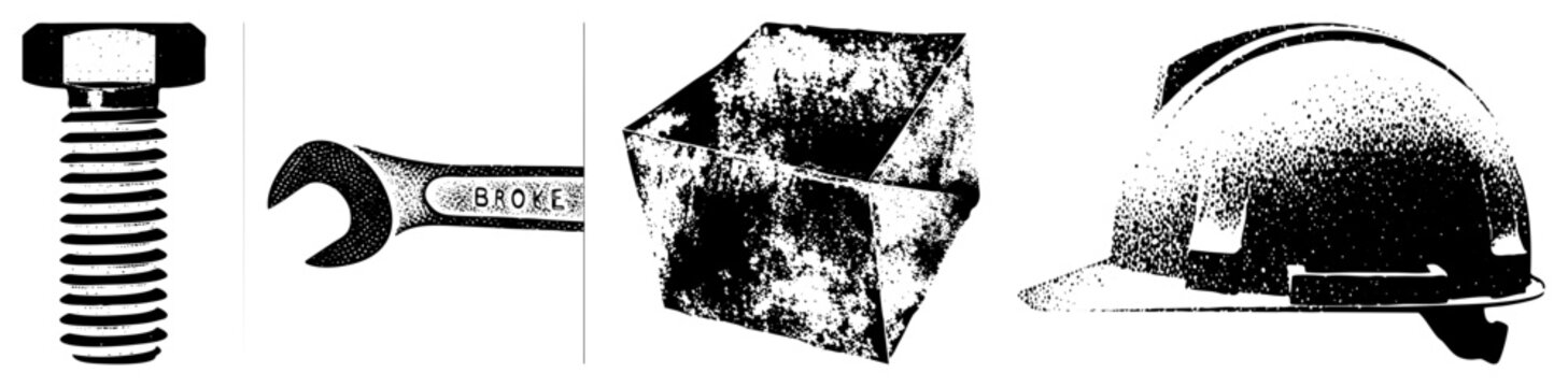 Rugged halftone tools skid lid, spanner, bolt gritty industrial vibe for builders/DIYers. Brain buckets & iron bits scream workshop grit with vintage stencil texture.