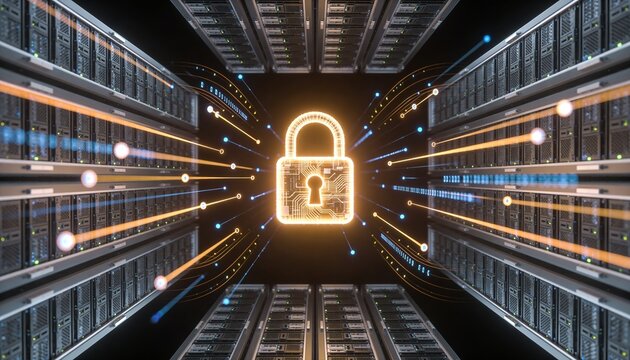 Symmetrical server rack grid with central glowing padlock, floating data streams radiating outward, minimalist clean 3D top-down render, dark futuristic backdrop, vivid color scheme, logo-free
