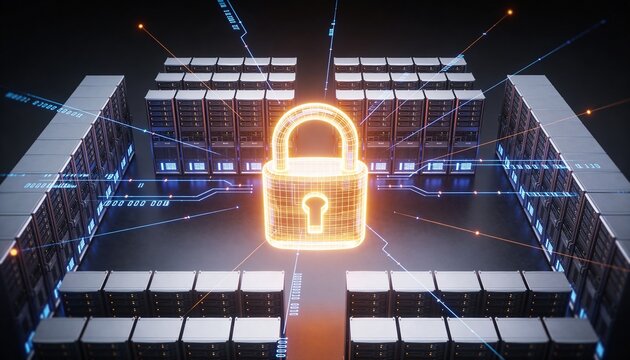 Symmetrical server rack grid with central glowing padlock, floating data streams radiating outward, minimalist clean 3D top-down render, dark futuristic backdrop, vivid color scheme, logo-free