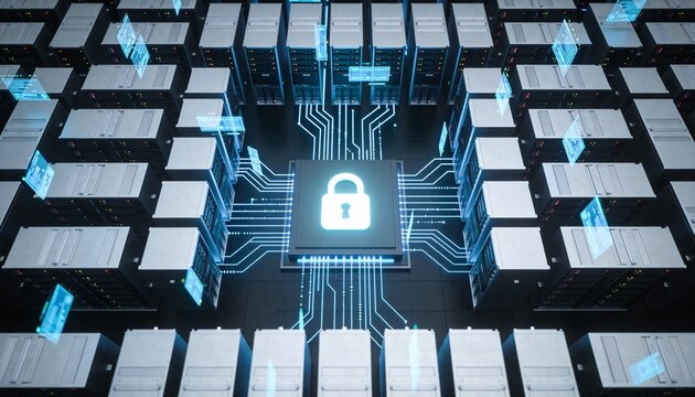 Symmetrical server rack grid with central glowing padlock, floating data streams radiating outward, minimalist clean 3D top-down render, dark futuristic backdrop, vivid color scheme, logo-free