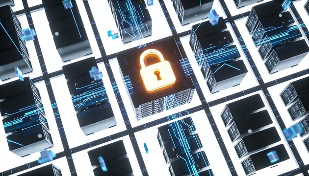 Symmetrical server rack grid with central glowing padlock, floating data streams radiating outward, minimalist clean 3D top-down render, dark futuristic backdrop, vivid color scheme, logo-free