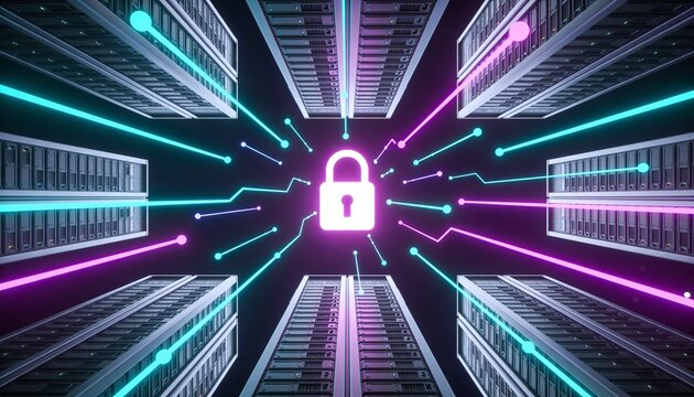 Minimalist 3D render top-down view of server racks in symmetrical grid pattern with central glowing padlock, floating data streams radiating outward, dark futuristic background, vibrant digital color 