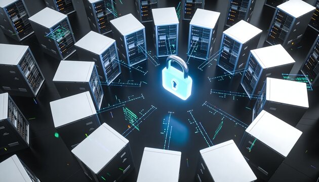 Symmetrical server rack grid with central glowing padlock, floating data streams radiating outward, minimalist clean 3D top-down render, dark futuristic backdrop, vivid color scheme, logo-free