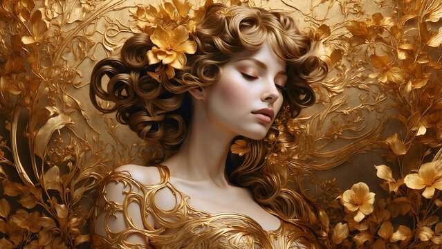 An artistic portrait of a beautiful woman adorned with golden flowers and elaborate golden attire, her eyes closed in serene contemplation. The background is a richly textured gold floral design