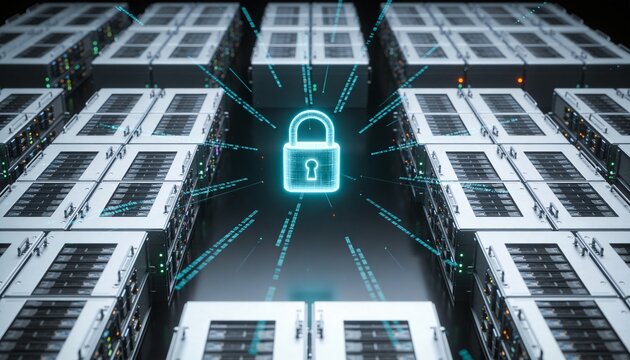 Minimalist 3D render top-down view of server racks in symmetrical grid pattern with central glowing padlock, floating data streams radiating outward, dark futuristic background, vibrant digital color 