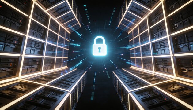 Minimalist 3D render top-down view of server racks in symmetrical grid pattern with central glowing padlock, floating data streams radiating outward, dark futuristic background, vibrant digital color 