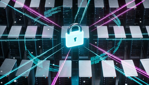 Minimalist 3D render top-down view of server racks in symmetrical grid pattern with central glowing padlock, floating data streams radiating outward, dark futuristic background, vibrant digital color 