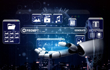 Fototapeta na wymiar Futuristic Robotic Hand with Interface for Image and Content Generation Using Artificial Intelligence Technology Quark.