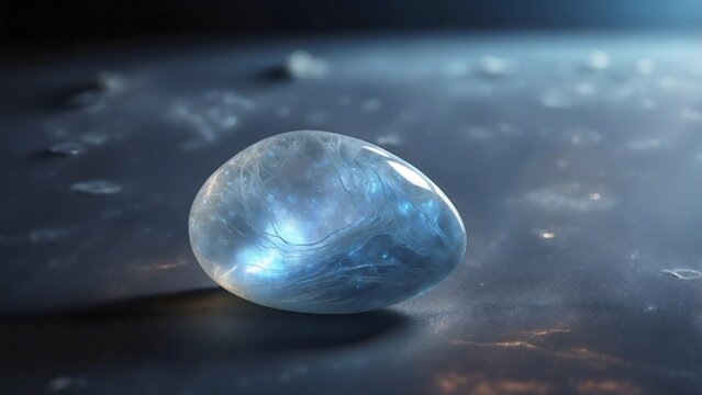 An egg-shaped translucent crystal with internal light flares resting on a dark, textured surface. The crystal emits a soft, ethereal glow