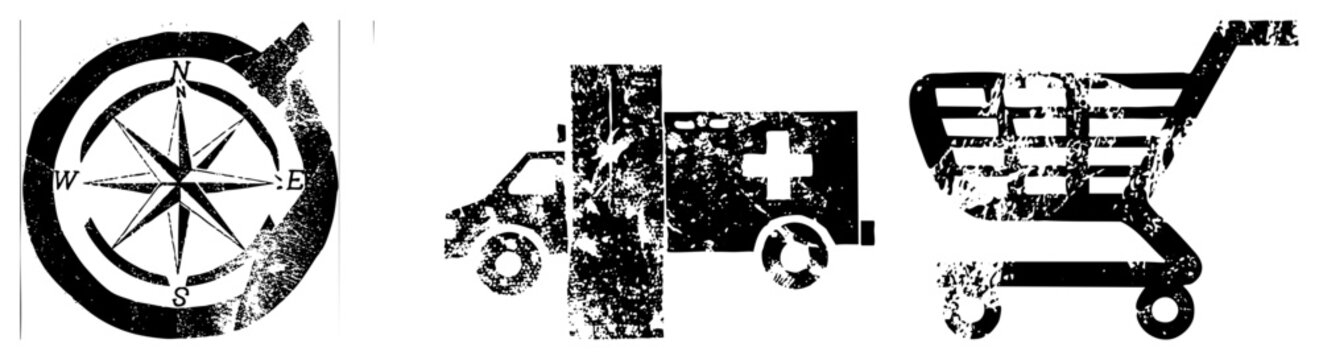Rugged compass rose, emergency van with, grocery cart in gritty stencil skid lid nav meets rescue gear. Ideal for urban branding or retro posters.