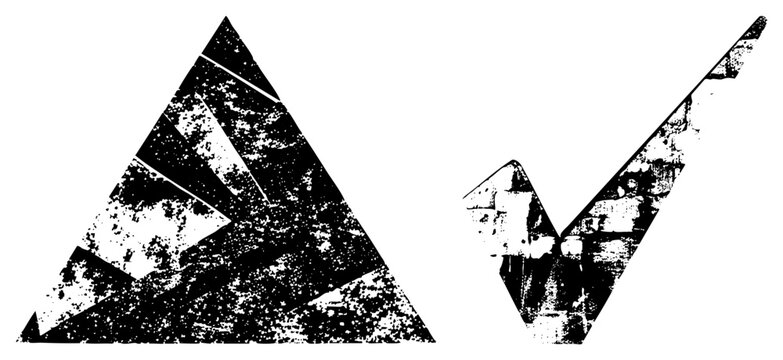Rugged geometric with weathered triangle & check mark gritty, bold glyphs ideal for punk, streetwear, or urban posters blending raw texture & sharp shapes.