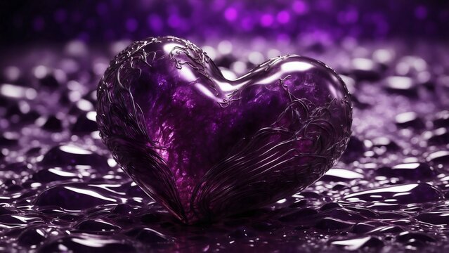 A sparkling purple heart-shaped object rests on a bed of broken glass shards. The background is softly blurred with bokeh lights, creating a mystical atmosphere