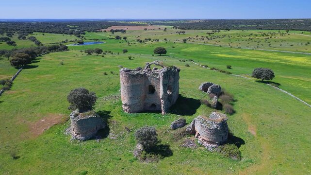 Aerial view from a drone of Asmesnal Castle in Alfaraz de Sayago, in the Sayago region of the province of Zamora, Castile and Le&oacute;n, Spain, Europe