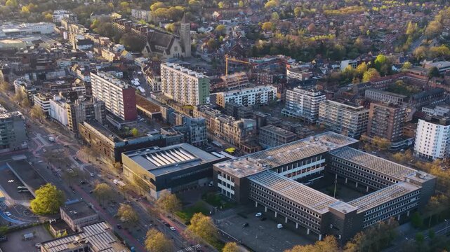 A panoramic Aerial view of the city genk Belgium, on a sunny spring noon