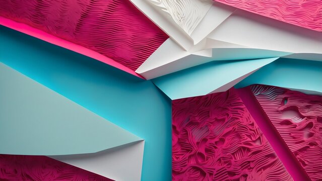 An abstract composition of overlapping geometric shapes in vibrant pink, turquoise, and white, creating a modern and dynamic visual